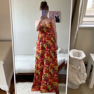PINK RED YELLOW GREEN FLORAL SLEEVELESS MAXI DRESS LINED DOUBLE STRAPS